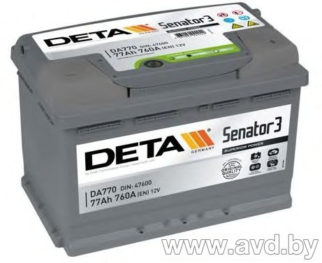 Купить Автомобильные аккумуляторы DETA Senator3 DA770 (77 А·ч)  в Минске.