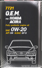 Купить Моторное масло Mannol OEM for Honda Acura 0W-20 (металл) 4л в Минске.