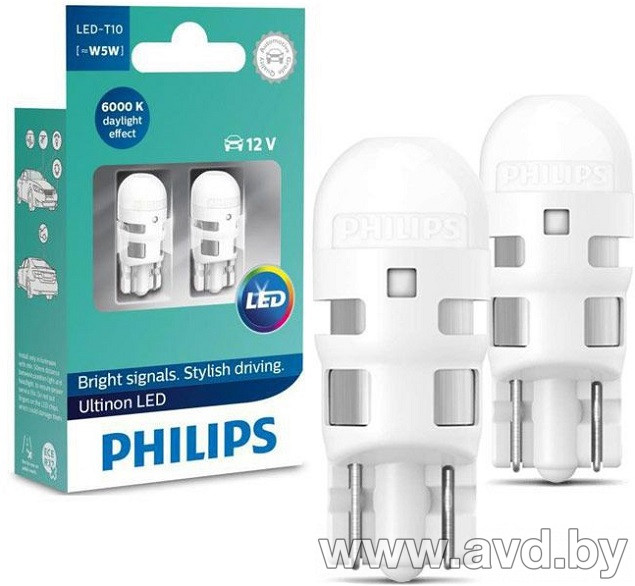 Купить Лампы автомобильные Philips Светодиодная W5W LED 6000K 2шт (11961ULWX2)  в Минске.