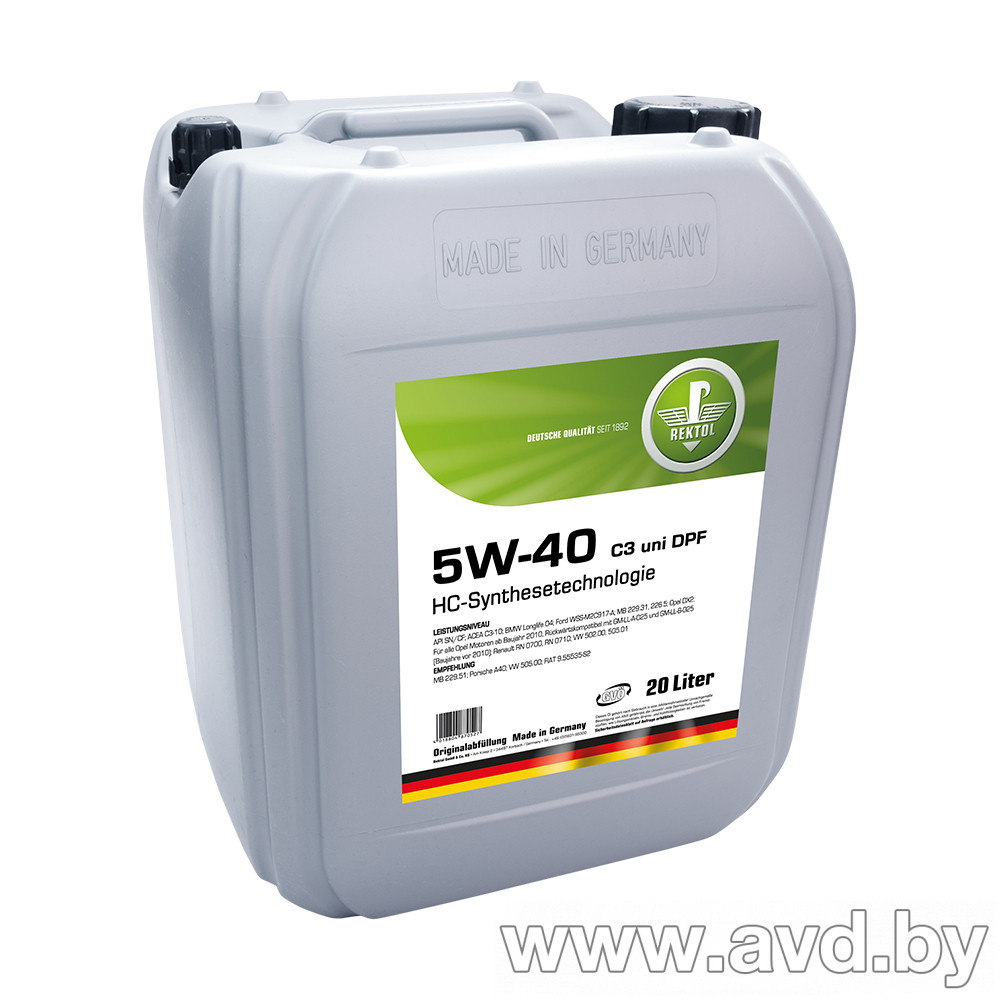 Купить Моторное масло Rektol 5W-40 C3 uni DPF 20л в Минске.