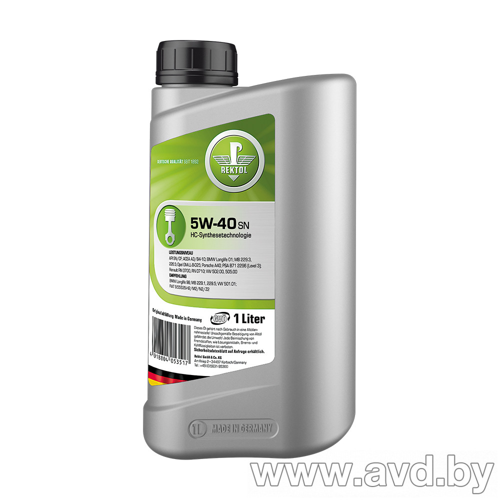 Купить Моторное масло Rektol 5W-40 SN 1л в Минске.
