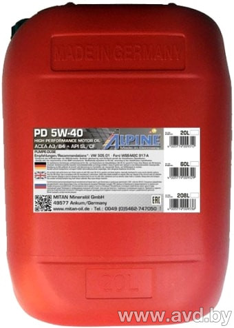 Купить Моторное масло Alpine PD Pumpe-Duse 5W-40 20л  в Минске.