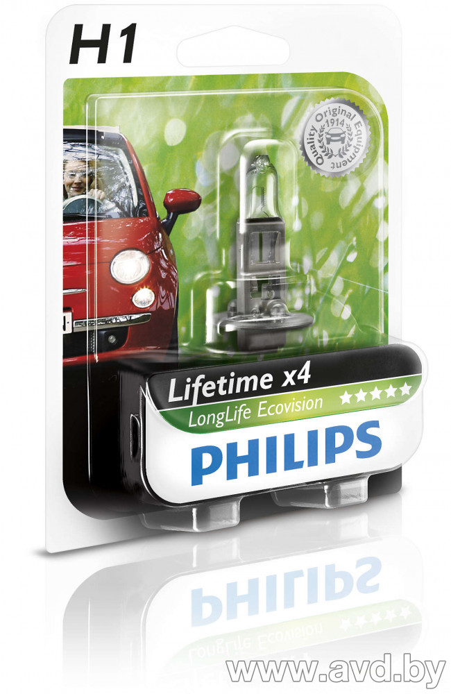 Купить Лампы автомобильные Philips H1 LongerLife Ecovision до 20% экономии энергии +10% света 1шт (12258LLECOB1) в Минске.