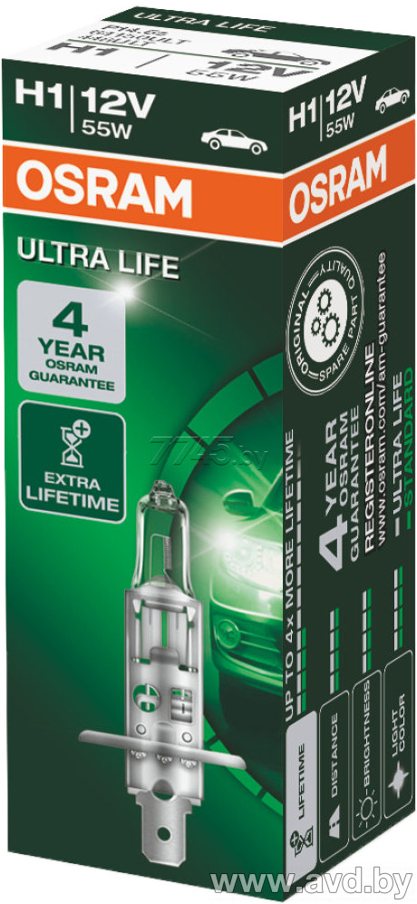 Купить Лампы автомобильные Osram H1 Ultra Life 1шт (64150ULT) в Минске.