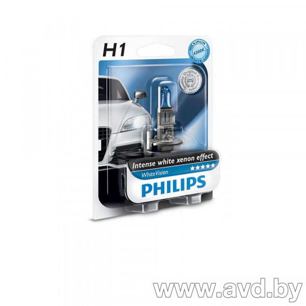 Купить Лампы автомобильные Philips H1 WhiteVision plus 60% 4300K 1шт (12258WHVB1)  в Минске.