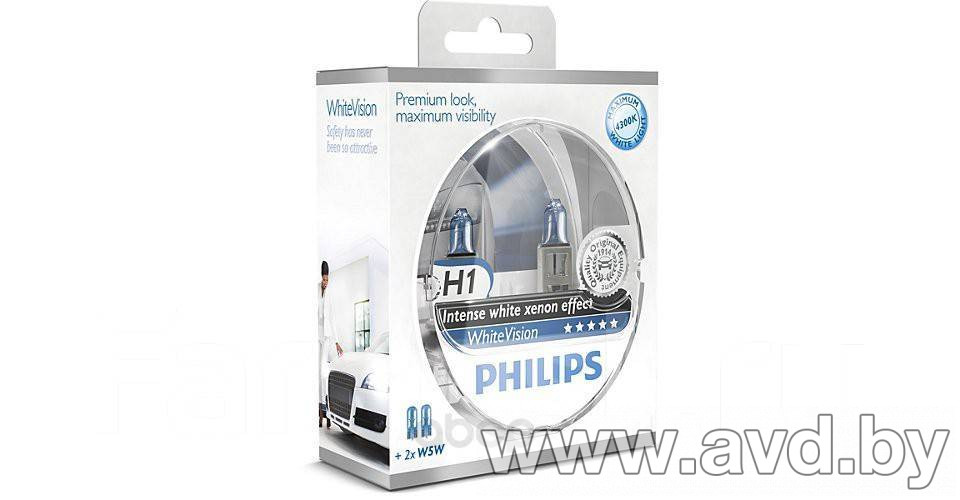 Купить Лампы автомобильные Philips H1 WhiteVision plus 60% 4300K 2шт (12258WHVSM)  в Минске.