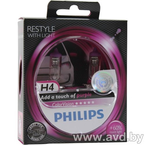 Купить Лампы автомобильные Philips H4 ColorVision Розовая 2шт (12342CVPPS2)  в Минске.