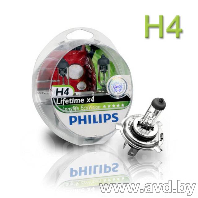 Купить Лампы автомобильные Philips H4 LongLife EcoVision 2шт [12342LLECOS2]  в Минске.