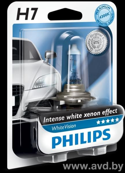 Купить Лампы автомобильные Philips H7 WhiteVision +60% (4300K) 1шт (12972WHVB1)  в Минске.