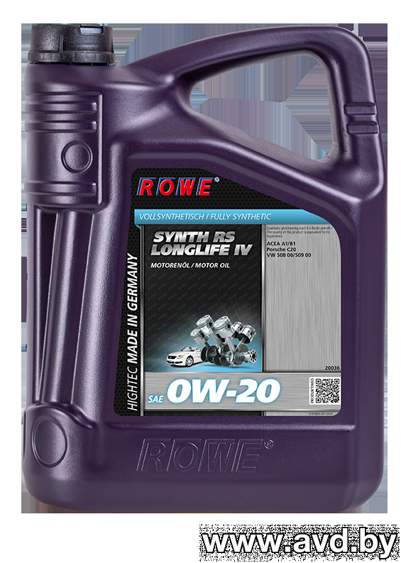 Купить Моторное масло ROWE Hightec Synt RS Longlife IV 0W-20 5л [20036-0050-03]  в Минске.