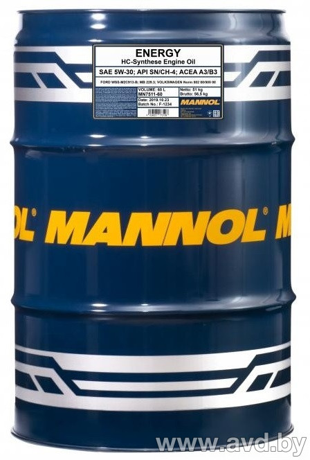 Купить Моторное масло Mannol Energy 5W-30 API SN/CH-4 60л в Минске.