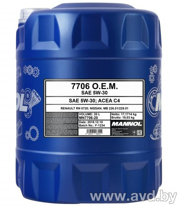 Купить Моторное масло Mannol O.E.M. for Renault Nissan С4 5W-30 20л в Минске.
