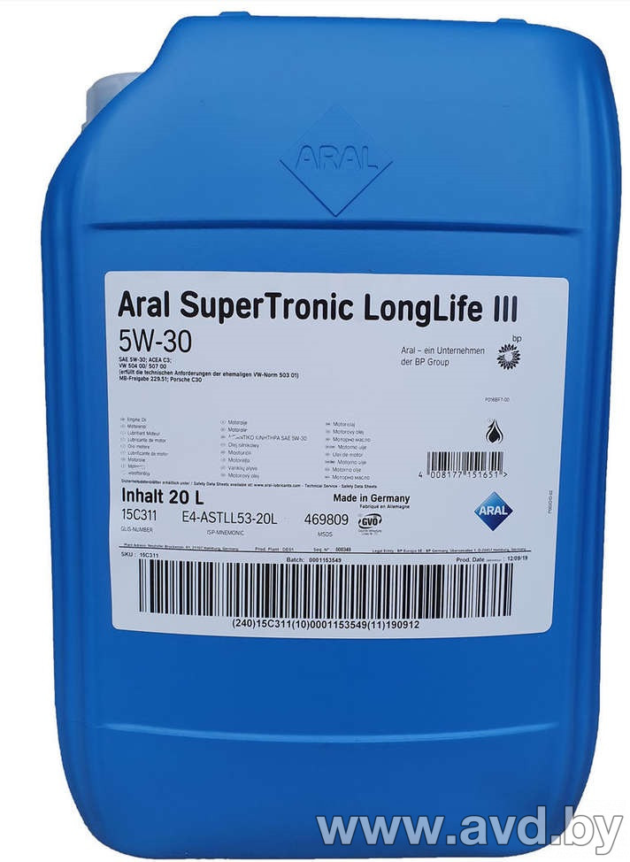 Купить Моторное масло Aral Super Tronic Longlife III SAE 5W-30 20л  в Минске.