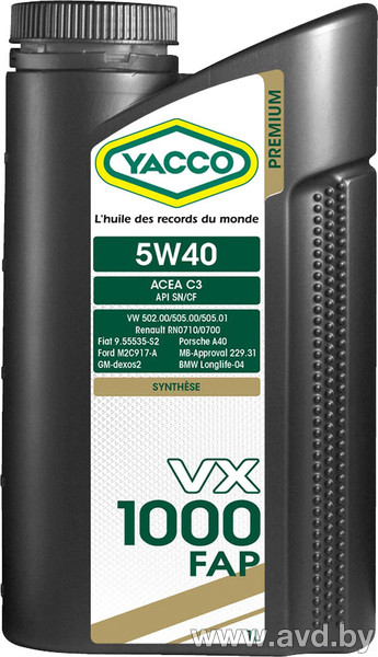 Купить Моторное масло Yacco VX 1000 FAP 5W-40 1л  в Минске.