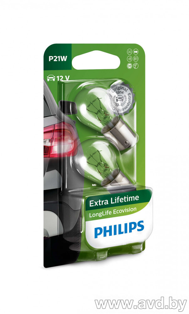 Купить Лампы автомобильные Philips P21W LongerLife EcoVision увелич.срок службы до 20% экономии энергии plus 10% света 2шт (12498LLECOB2) в Минске.