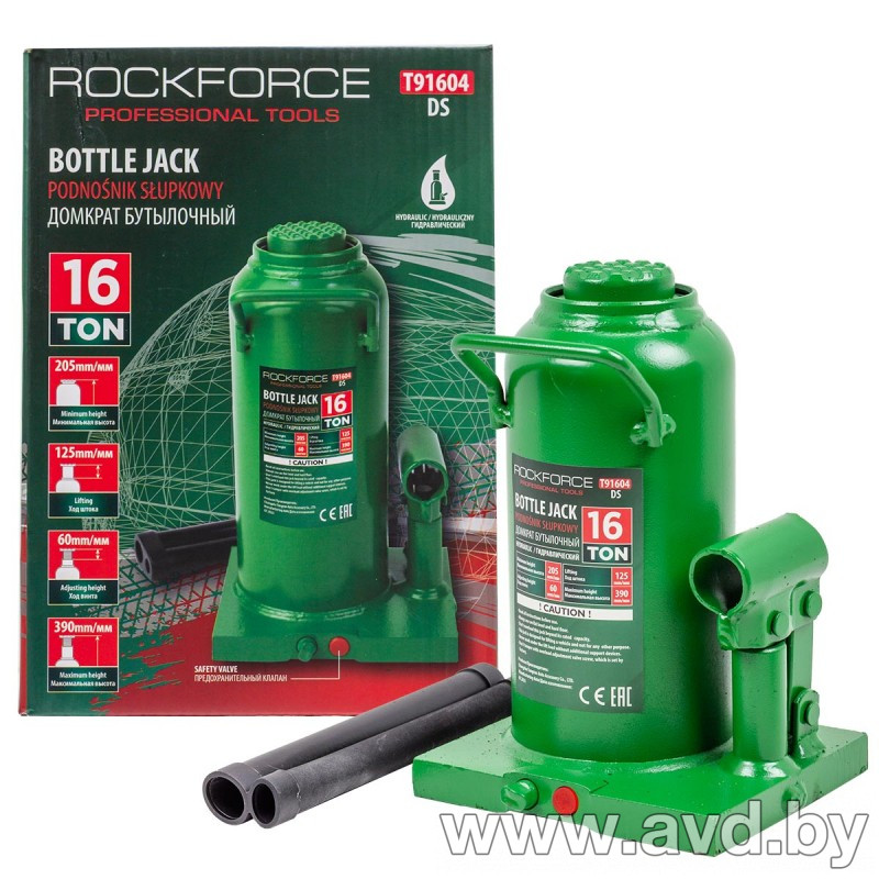 Купить Домкраты RockForce Бутылочный 16т с клапаном (RF-T91604 (DS))  в Минске.