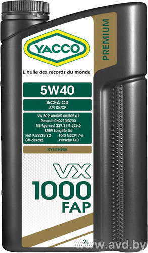 Купить Моторное масло Yacco VX 1000 FAP 5W-40 60л в Минске.
