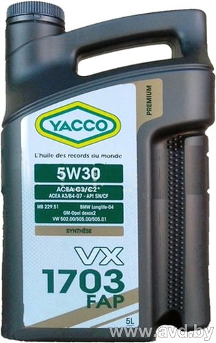 Купить Моторное масло Yacco VX 1703 FAP 5W-30 2л в Минске.